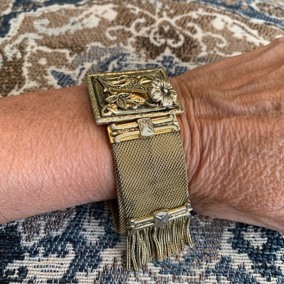 ✨WHITING & DAVIS Vintage Antique Floral Mesh Slide Gold Filled Bracelet - Picture 4 of 15